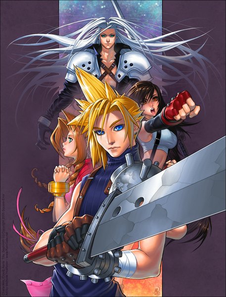 Anime picture 825x1083 with final fantasy final fantasy vii square enix tifa lockhart aerith gainsborough cloud strife sephiroth michelle hoefener long hair tall image looking at viewer short hair breasts open mouth blue eyes black hair blonde hair multiple girls green eyes silver hair