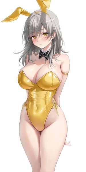Anime picture 1500x2995 with honkai: star rail honkai (series) trailblazer (honkai: star rail) stelle (honkai: star rail) ame 816 single long hair tall image looking at viewer blush fringe light erotic simple background hair between eyes standing white background animal ears yellow eyes grey hair bunny ears