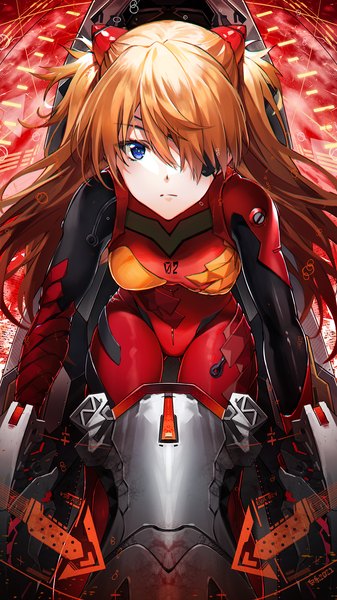 Anime picture 1125x2000 with neon genesis evangelion rebuild of evangelion evangelion: 3.0 you can (not) redo gainax soryu asuka langley shikinami asuka langley baisi shaonian single long hair tall image looking at viewer fringe breasts blue eyes light erotic sitting from above hair over one eye orange hair two side up