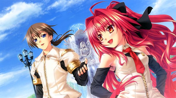 Anime picture 1683x941 with shinkyoku soukai polyphonica corticarte apa lagranges kannatsuki noboru long hair open mouth blue eyes red eyes brown hair wide image sky cloud (clouds) red hair :d girl boy detached sleeves zipper lamppost statue fountain