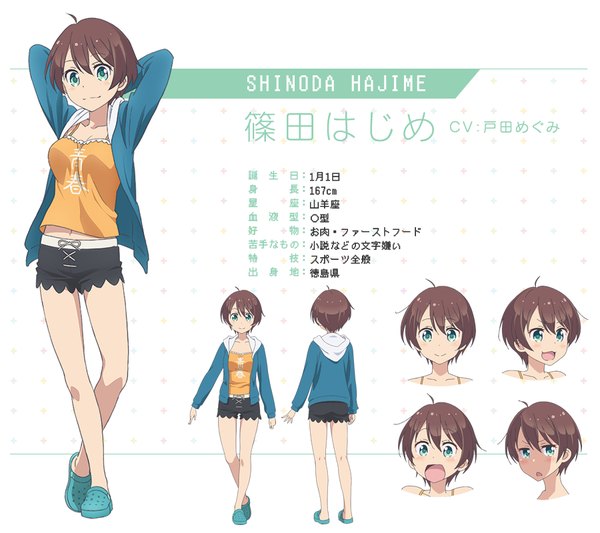 Anime picture 900x800 with new game! doga kobo shinoda hajime kikuchi ai single looking at viewer blush fringe short hair breasts blue eyes smile hair between eyes brown hair standing full body ahoge bent knee (knees) from behind official art