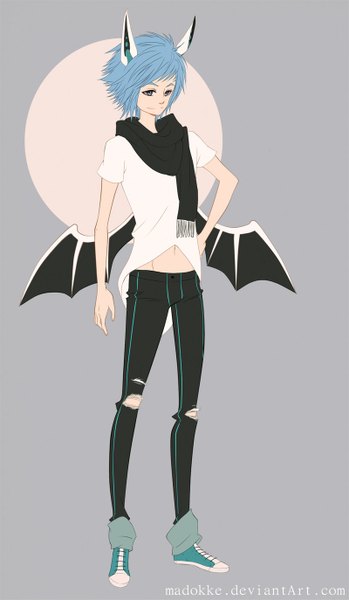 Anime picture 800x1373 with original nebeskaa single tall image short hair simple background smile standing purple eyes animal ears blue hair looking away light smile grey hair grey background grey eyes torn clothes demon wings boy wings