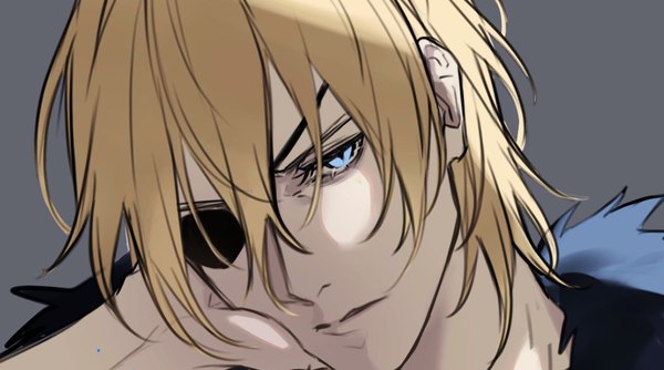 Anime picture 1302x725 with fire emblem fire emblem: three houses nintendo dimitri alexandre blaiddyd sb (artist) single looking at viewer fringe short hair blue eyes simple background blonde hair hair between eyes wide image head tilt grey background face hand on face boy eyepatch