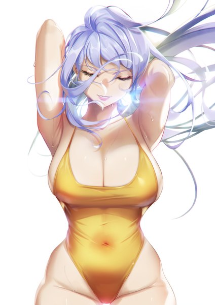 Anime-Bild 4241x6000 mit original blueorca single long hair tall image looking at viewer fringe highres breasts light erotic simple background large breasts standing white background absurdres cleavage silver hair eyes closed parted lips arms up