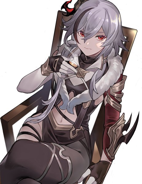 Anime picture 1143x1482 with honkai impact 3rd honkai (series) fu hua fu hua (herrscher of sentience) sin (btc86amme) single long hair tall image looking at viewer fringe simple background hair between eyes red eyes white background sitting silver hair multicolored hair from above streaked hair crossed legs