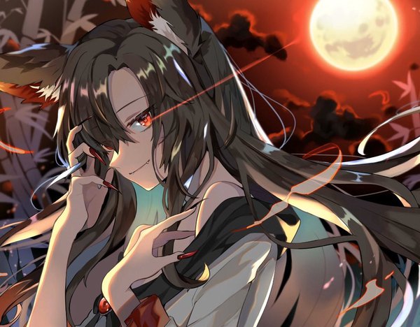 Anime picture 1024x800 with touhou imaizumi kagerou satoupote single long hair looking at viewer fringe hair between eyes red eyes brown hair animal ears sky upper body outdoors nail polish light smile fang (fangs) glowing glowing eye (eyes) wolf ears