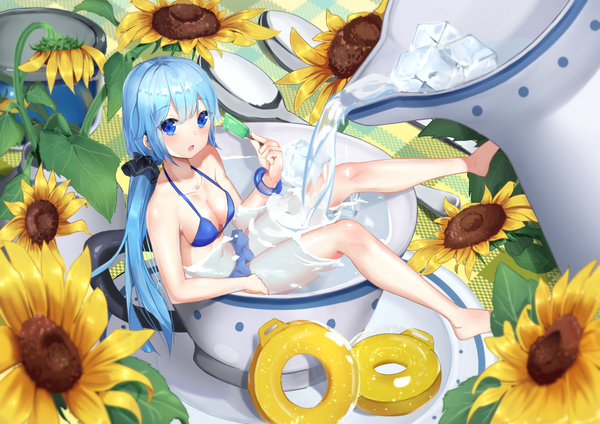 Anime picture 1200x849 with original seero single long hair looking at viewer blush fringe breasts open mouth blue eyes light erotic hair between eyes sitting bare shoulders holding payot blue hair full body barefoot bare belly