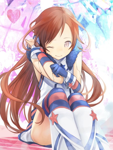 Anime picture 1609x2133 with vocaloid miki (vocaloid) kari kenji single long hair tall image fringe brown hair sitting brown eyes looking away happy girl thighhighs gloves elbow gloves heart star (symbol) knee boots single glove