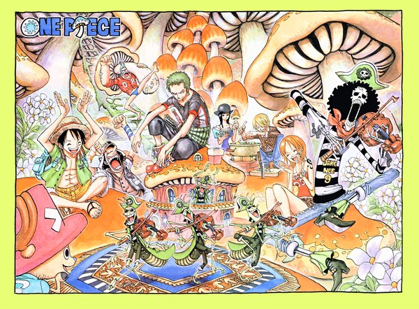 Anime picture 2036x1500 with one piece toei animation nami (one piece) monkey d. luffy nico robin roronoa zoro sanji tony tony chopper usopp franky brook (one piece) oda eiichirou long hair fringe highres short hair open mouth black hair blonde hair smile