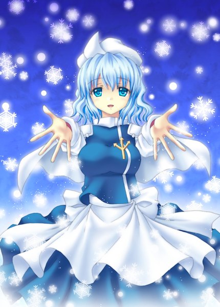 Anime picture 800x1116 with touhou letty whiterock amou yuu single tall image looking at viewer fringe short hair open mouth blue eyes hair between eyes standing blue hair :d outstretched hand girl hat apron snowflake (snowflakes)