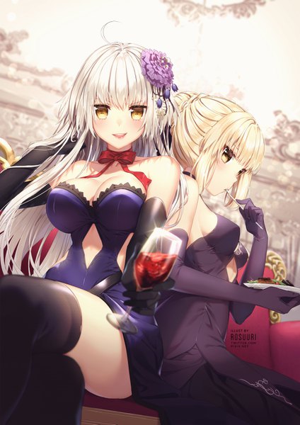 Anime picture 900x1273 with fate (series) fate/grand order artoria pendragon (all) jeanne d'arc (fate) (all) jeanne d'arc alter (fate) saber alter rosuuri long hair tall image looking at viewer blush fringe short hair breasts open mouth light erotic blonde hair smile hair between eyes large breasts