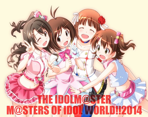 イラスト 1000x793 と アイドルマスター アイドルマスターシンデレラガールズ idolmaster (classic) the idolm@ster movie 輝きの向こう側へ! アイドルマスターミリオンライブ! アイドルマスターディアリースターズ 天海春香 島村卯月 日高愛 春日未来 sumeragi kou 長髪 カメラ目線 赤面 短い髪 開いた口 笑顔 茶色の髪 肩出し multiple girls