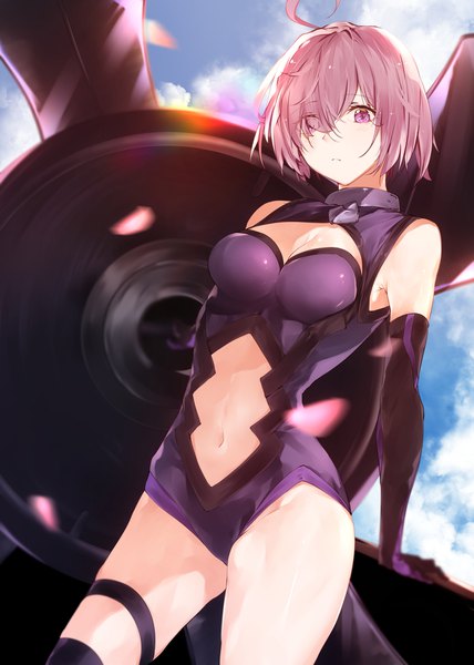 Anime picture 1250x1750 with fate (series) fate/grand order mash kyrielight hplay (kyoshinou) single tall image looking at viewer fringe short hair breasts light erotic standing purple eyes holding pink hair sky cleavage cloud (clouds) ahoge sunlight