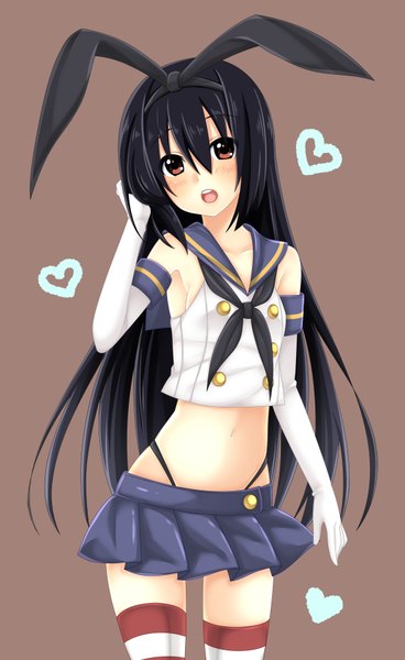 Anime picture 1107x1804 with kantai collection k-on! kyoto animation nakano azusa baretto single long hair tall image looking at viewer blush open mouth black hair red eyes cosplay shimakaze (kancolle) (cosplay) girl thighhighs skirt gloves bow