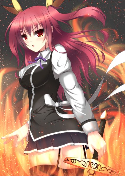 Anime picture 2150x3036 with rakudai kishi no cavalry stella vermillion nyarumi single long hair tall image blush highres open mouth light erotic red eyes red hair girl thighhighs skirt uniform weapon black thighhighs school uniform miniskirt