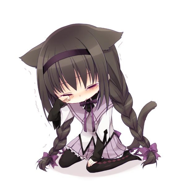 Anime picture 965x1000 with mahou shoujo madoka magica shaft (studio) akemi homura tall image blush black hair simple background white background animal ears tail eyes closed very long hair animal tail cat ears cat girl cat tail high heels tears crying girl