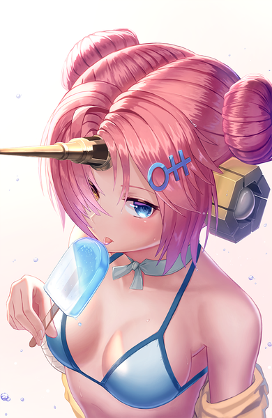 Anime picture 800x1230 with fate (series) fate/grand order fate/apocrypha frankenstein's monster (fate) frankenstein's monster (swimsuit saber) (fate) suraimu (suraimuraimu) single tall image blush fringe short hair breasts blue eyes light erotic simple background holding yellow eyes looking away pink hair cleavage