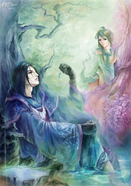 Anime picture 1000x1413 with hrfleur long hair tall image short hair black hair standing sitting holding blue hair looking away traditional clothes barefoot green hair light smile no shoes couple pale skin lake peep girl