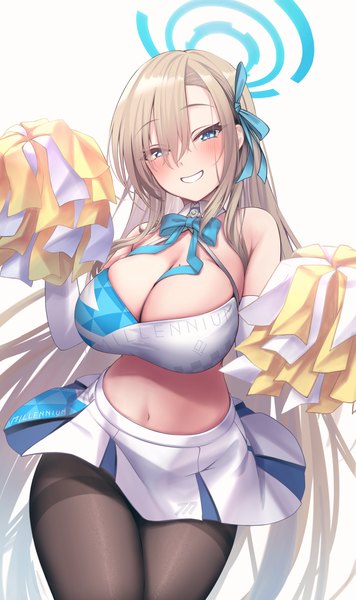 Anime picture 1882x3168 with blue archive asuna (blue archive) hibiki (blue archive) hibiki (cheerleader) (blue archive) sada mamesuke single long hair tall image looking at viewer blush fringe highres breasts blue eyes light erotic simple background blonde hair smile large breasts standing