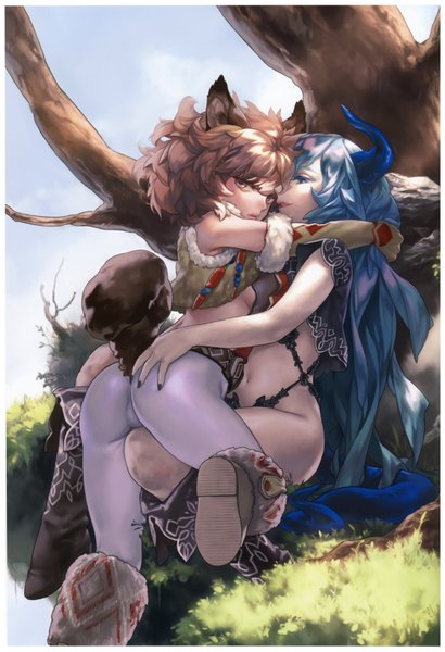 Anime picture 4494x6581 with original megami fetish - girls drawn by girls (artbook) tagme (artist) long hair tall image highres blue eyes light erotic brown hair multiple girls brown eyes animal ears blue hair absurdres nail polish looking back horn (horns) scan hug border