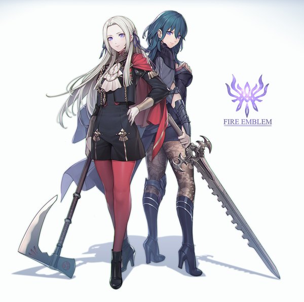 Anime picture 4116x4093 with fire emblem fire emblem: three houses nintendo edelgard von hresvelg byleth (fire emblem) byleth (female) (fire emblem) pen (steelleets) long hair looking at viewer blush fringe highres breasts blue eyes simple background hair between eyes standing white background multiple girls holding