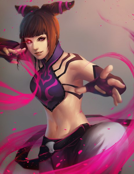 Anime picture 1024x1325 with street fighter capcom han juri unodu single tall image looking at viewer fringe short hair simple background brown hair pink eyes light smile lips bare belly glowing eyebrows glowing eye (eyes) fighting stance girl