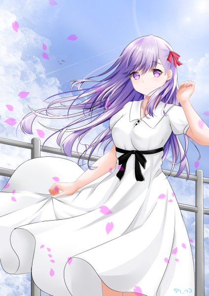 Anime picture 3508x4962 with fate (series) fate/stay night matou sakura mondaze single long hair tall image looking at viewer blush fringe highres breasts hair between eyes standing purple eyes signed payot absurdres sky purple hair