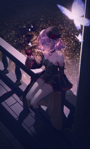 Anime picture 3884x6402 with maplestory lucid (maplestory) ramingbera single tall image fringe highres short hair hair between eyes sitting purple eyes bare shoulders holding looking away absurdres purple hair full body outdoors nail polish arm up