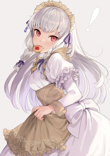 Anime picture 846x1200 with fire emblem fire emblem: three houses fire emblem heroes nintendo lysithea von ordelia haru (nakajou-28) single long hair tall image looking at viewer blush fringe simple background standing holding white hair blunt bangs long sleeves pink eyes grey background