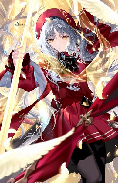 Anime picture 800x1233 with fate (series) fate/grand order caren hortensia caren hortensia (amor caren) kousaki rui single tall image looking at viewer fringe standing signed yellow eyes silver hair long sleeves very long hair parted lips pleated skirt fingernails floating hair girl