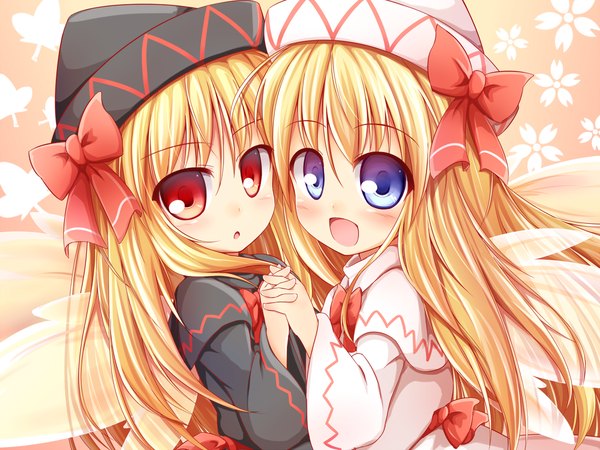 Anime picture 1200x900 with touhou lily white lily black baku ph (artist) long hair blush open mouth blue eyes blonde hair red eyes multiple girls loli girl dress bow 2 girls hat wings