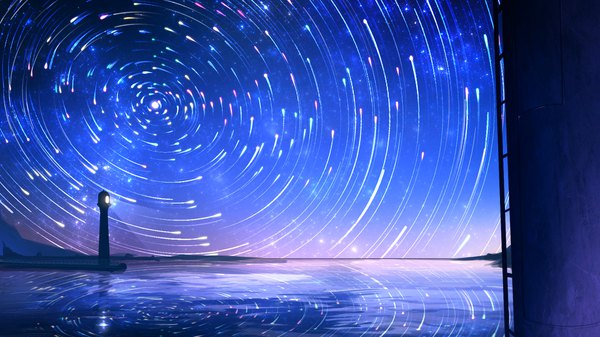 Anime picture 1920x1080 with original smile (qd4nsvik) highres wide image sky evening reflection horizon no people landscape twilight star (stars) lighthouse
