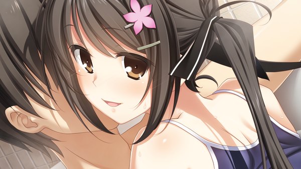 Anime picture 1280x720 with kiss bell giga miyamae eri long hair blush open mouth black hair wide image twintails brown eyes game cg girl boy hair ornament ribbon (ribbons) hair ribbon