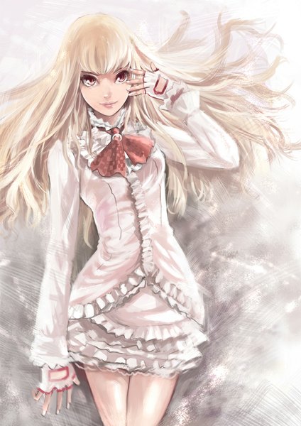Anime picture 800x1131 with tekken namco (studio) emilie de rochefort ooi choon liang single long hair tall image looking at viewer blush blonde hair smile yellow eyes nail polish lips weightlessness girl skirt gloves ribbon (ribbons) white gloves