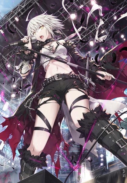 Anime picture 696x1000 with fate (series) fate/grand order jeanne d'arc (fate) (all) jeanne d'arc alter (fate) gabiran single tall image looking at viewer fringe short hair open mouth yellow eyes silver hair ahoge from below torn clothes singing girl detached sleeves shorts