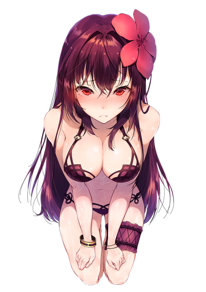 Anime picture 968x1366 with fate (series) fate/grand order scathach (fate) (all) scathach (swimsuit assassin) (fate) hplay (kyoshinou) single long hair tall image looking at viewer blush fringe breasts light erotic hair between eyes red eyes large breasts sitting purple hair full body hair flower