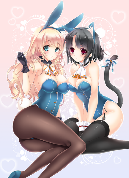 Anime picture 800x1104 with kantai collection atago heavy cruiser takao heavy cruiser rinka (yuyutei) long hair tall image looking at viewer blush short hair breasts light erotic black hair blonde hair smile red eyes large breasts sitting multiple girls animal ears cleavage