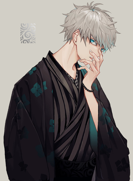Anime picture 731x1000 with jujutsu kaisen mappa gojou satoru seniori single tall image looking at viewer short hair blue eyes simple background silver hair upper body traditional clothes japanese clothes grey background floral print hand on face boy bracelet kimono