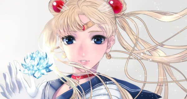 Anime picture 1920x1016 with bishoujo senshi sailor moon toei animation tsukino usagi sailor moon jun (anna19791220) single long hair looking at viewer highres blue eyes blonde hair simple background wide image twintails wind hair bun (hair buns) portrait face girl gloves