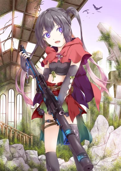 Anime picture 1240x1754 with original noala single long hair tall image looking at viewer fringe open mouth black hair standing purple eyes twintails pink hair multicolored hair gradient hair ruins overgrown girl thighhighs skirt