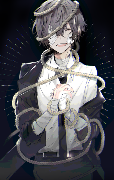 Anime picture 1000x1583 with bungou stray dogs studio bones dazai osamu (bungou stray dogs) poni (rito) single tall image fringe short hair open mouth black hair simple background smile hair between eyes standing eyes closed off shoulder dark background ^ ^ hands clasped ^o^