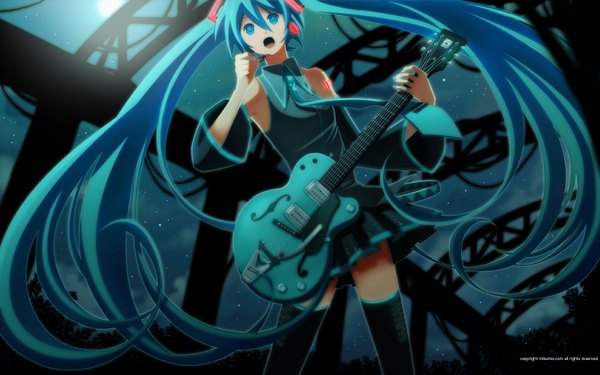 Anime picture 1920x1200 with vocaloid hatsune miku inago highres wide image wallpaper girl thighhighs guitar