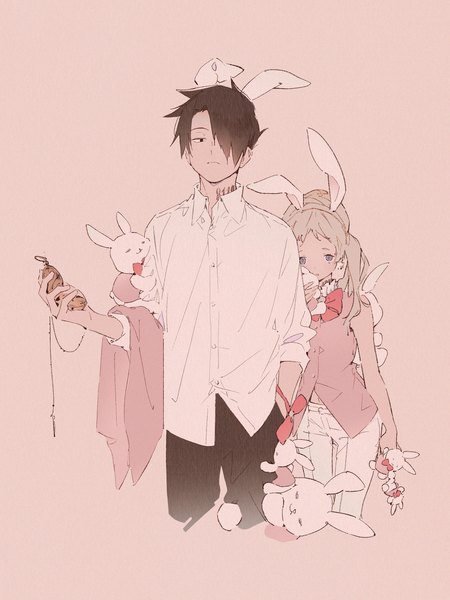 Anime picture 2399x3198 with yakusoku no neverland cloverworks ray (yakusoku no neverland) conny (yakusoku no neverland) awarin long hair tall image looking at viewer fringe highres short hair black hair simple background blonde hair twintails animal ears hair over one eye tattoo bunny ears fake animal ears