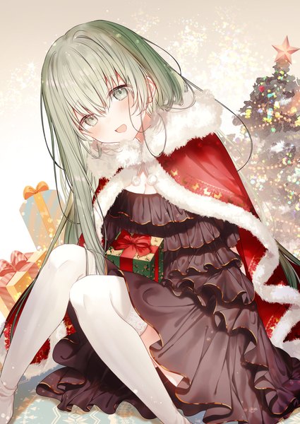 Anime picture 800x1130 with shiro seijo to kuro bokushi cecilia (shiro seijo to kuro bokushi) teigi single long hair tall image looking at viewer blush fringe open mouth hair between eyes sitting green eyes head tilt :d green hair fur trim christmas frilled dress cropped