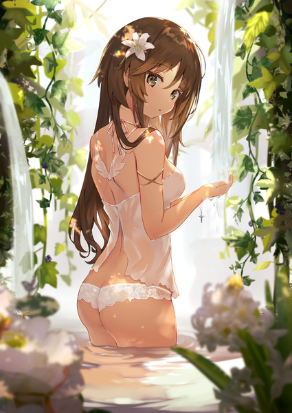 Anime picture 921x1300 with original omelet tomato single long hair tall image looking at viewer blush fringe breasts light erotic hair between eyes brown hair standing bare shoulders brown eyes payot outdoors ass looking back hair flower
