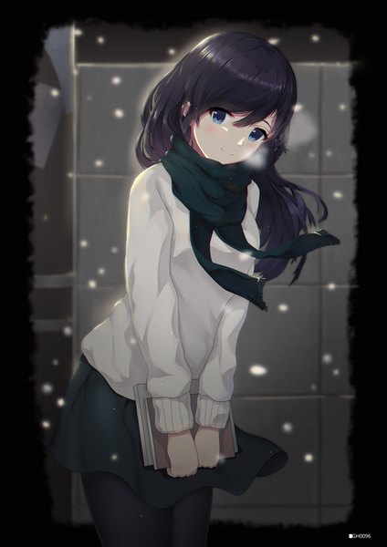 Anime picture 3307x4677 with original gh (chen ghh) single long hair tall image looking at viewer highres blue eyes black hair absurdres snowing exhalation girl skirt scarf sweater