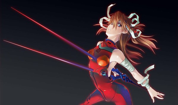 Anime picture 1190x705 with neon genesis evangelion gainax soryu asuka langley asaki takayuki single long hair blue eyes simple background brown hair wide image wallpaper sleeveless black background girl bandage (bandages) spear