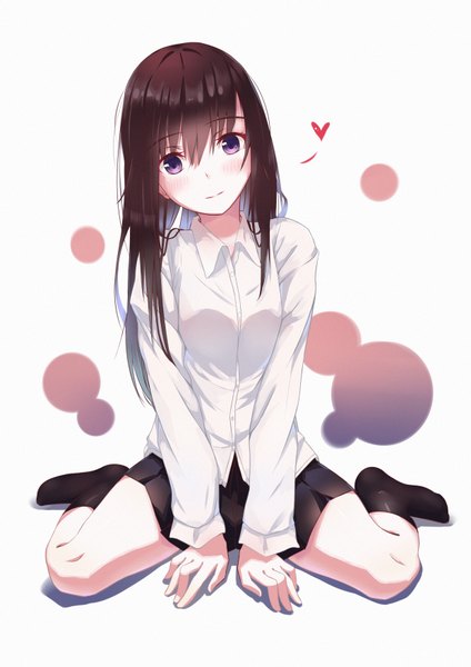 Anime picture 2480x3507 with original gh (chen ghh) single long hair tall image looking at viewer blush fringe highres simple background hair between eyes brown hair white background sitting purple eyes full body bent knee (knees) head tilt pleated skirt light smile