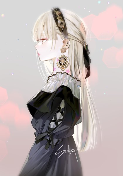 Anime picture 700x1000 with original sorolp single long hair tall image fringe simple background blonde hair standing signed yellow eyes looking away upper body blunt bangs profile grey background tattoo lipstick piercing ear piercing