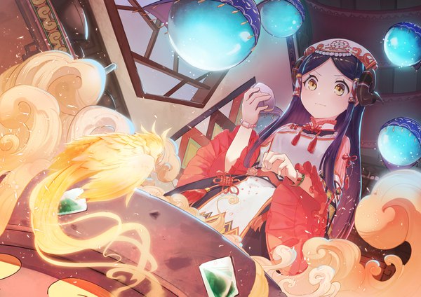 Anime picture 1920x1357 with original ranyu single long hair blush highres standing holding purple hair indoors traditional clothes horn (horns) wide sleeves from below orange eyes dutch angle looking down girl animal bracelet